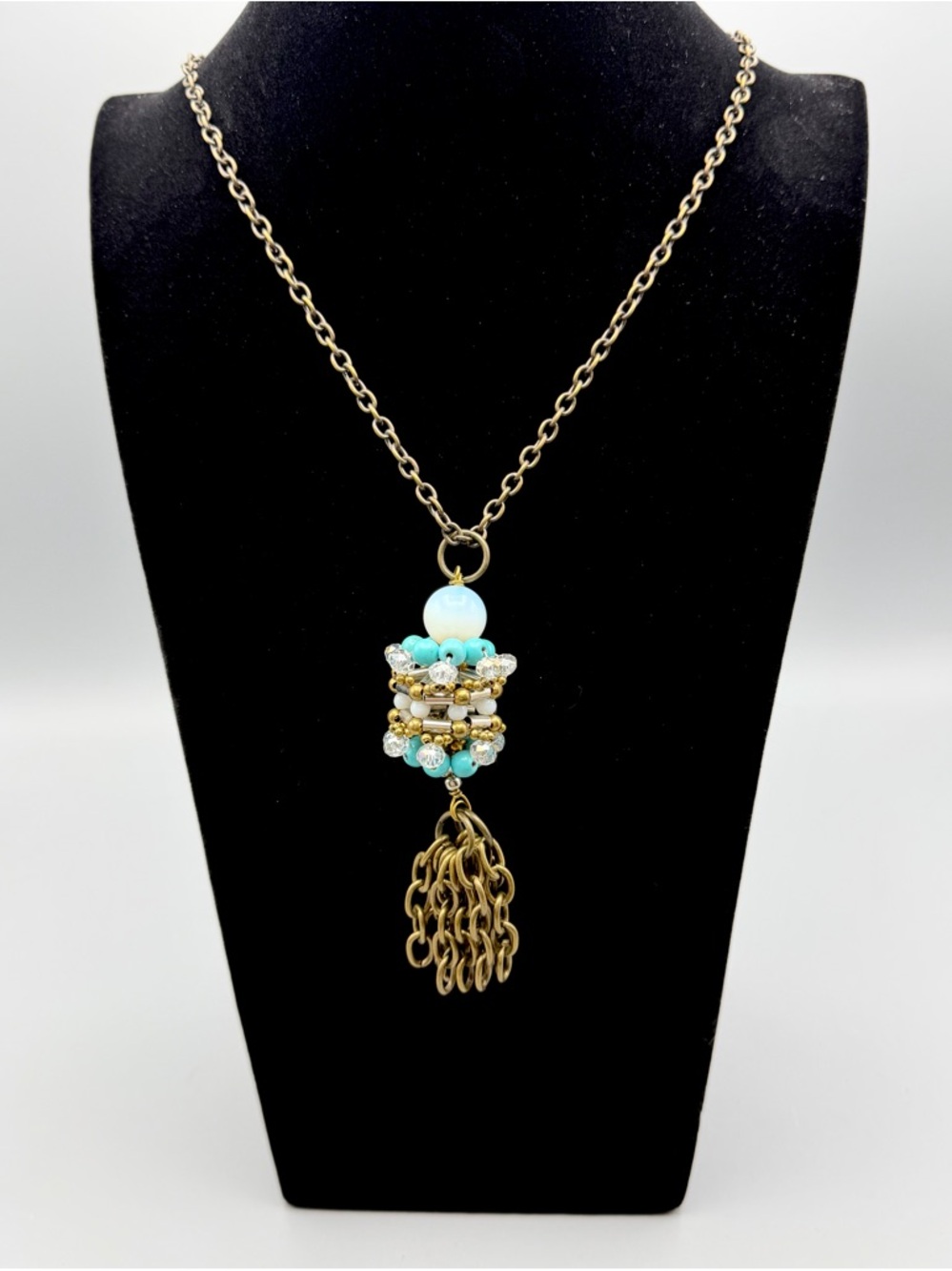 Pam Hiran Beaded Pendant Necklace Gold Tone Tassel 30” Artisan